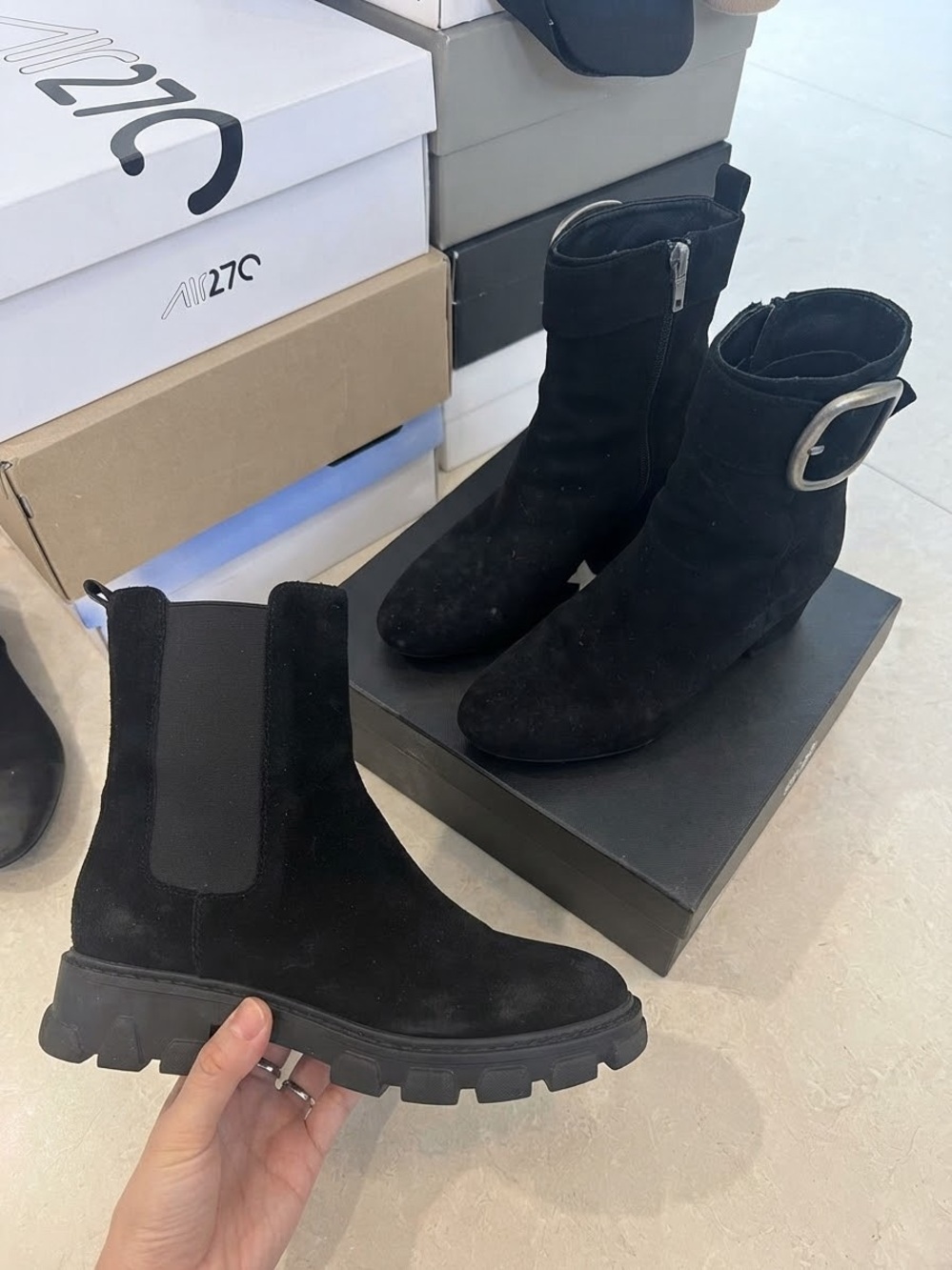 Black Suede Ankle Booties with Lug Sole and Buckle Detail